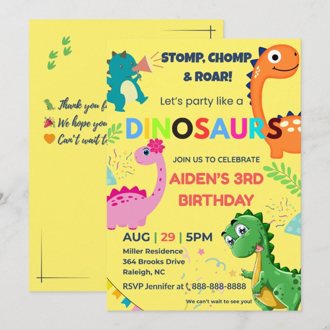Dinosaure Editable Invitation Anniversaire (Devant / Derrière)
