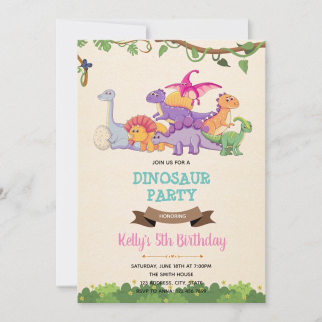 Dinosaure fille mignonne invitation (Devant)