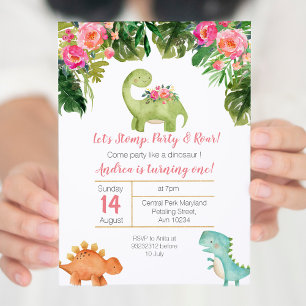 Dinosaure fille rose et or Invitation d'anniversai