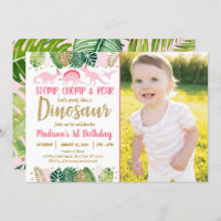 Dinosaure fille rose Tropical Invitation d'anniver
