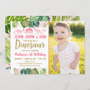 Dinosaure fille rose Tropical Invitation d'anniver
