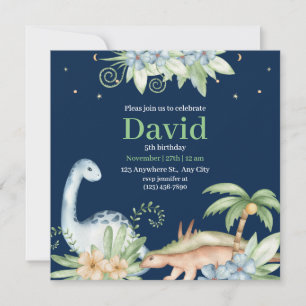 Dinosaure Floral Bleu Vert Invitation Anniversaire