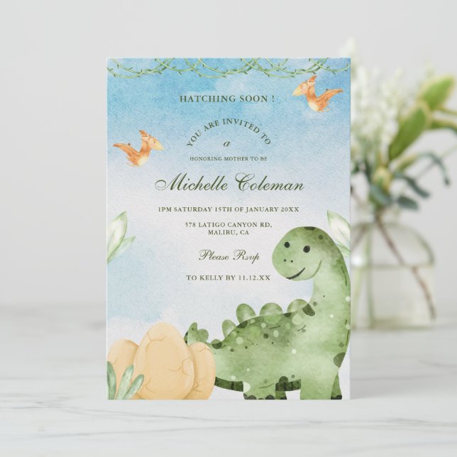 Dinosaure Hatching Bientôt Baby shower Invitation (Debout devant)