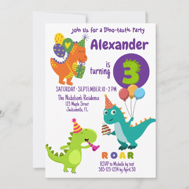 Dinosaure Joueur trois ans Anniversaire Invitation (Devant)