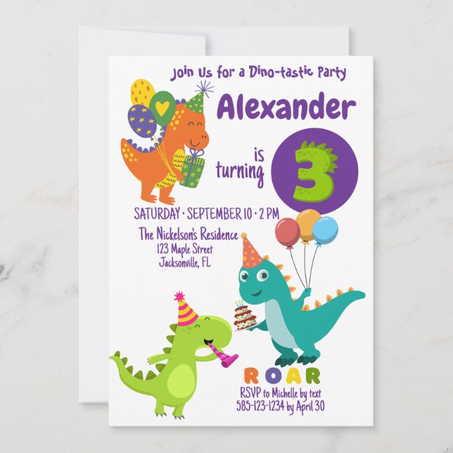 Dinosaure Joueur trois ans Anniversaire Invitation (Devant)