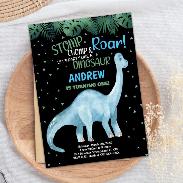 Dinosaure noir bleu vert Invitations d'anniversair (Blue Green Black Dinosaur Birthday Invitations)