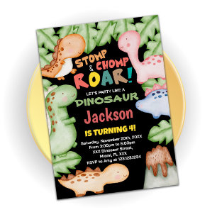 Dinosaure noir jaune Invitations d'anniversaire