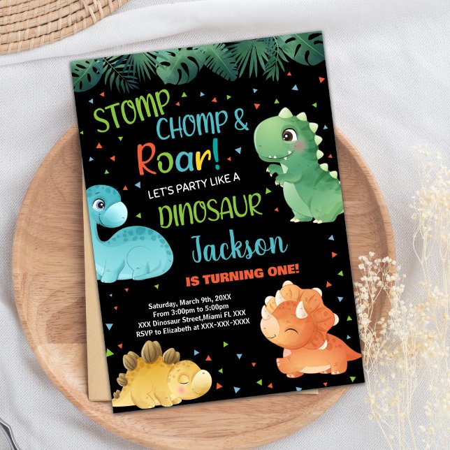 Dinosaure noir orange vert Invitations d'anniversa (Green Orange Black Dinosaur Birthday Invitations)