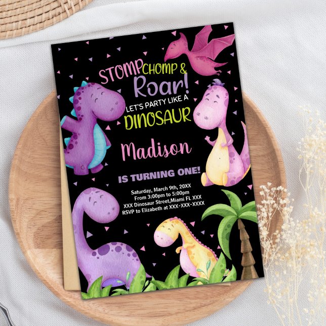 Dinosaure noir rose violet Invitations d'anniversa (Pink Purple Black Dinosaur Birthday Invitations)