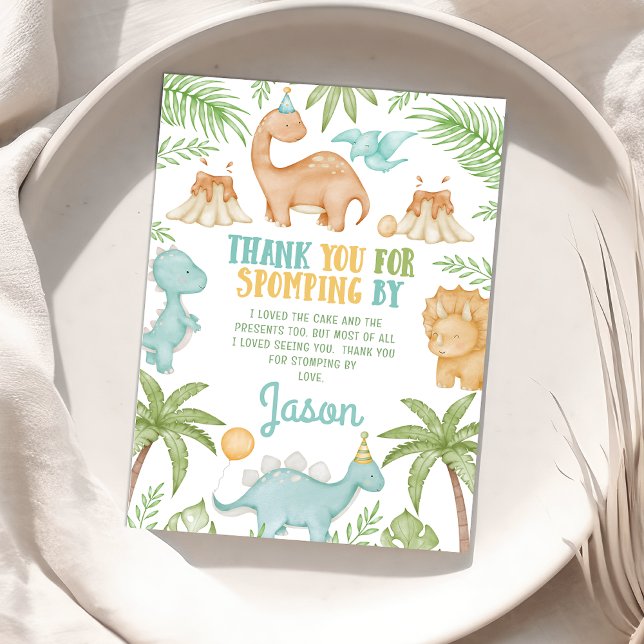 Dinosaure orange bleu Carte de remerciements d'ann (Editable Dinosaur Birthday Thank you Card, Dino Thank You Card Boy Thank You For Stomping By)