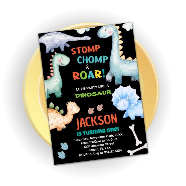 Dinosaure orange noir Invitations d'anniversaire (Black Orange Dinosaur Birthday Invitations)