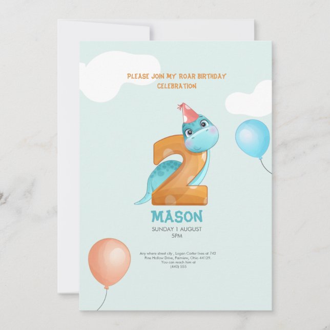 dinosaure rawr 2e anniversaire invitation enfants (Devant)