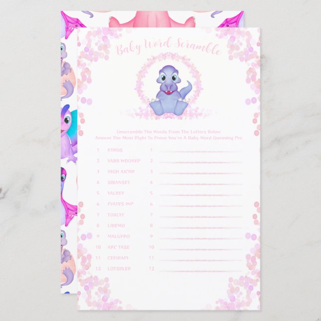 Dinosaure rose Bébé Mot Scramble Baby shower Jeu (Devant / Derrière)