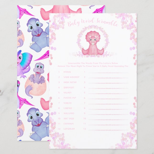 Dinosaure rose Bébé Mot Scramble Baby shower Jeu (Devant / Derrière)