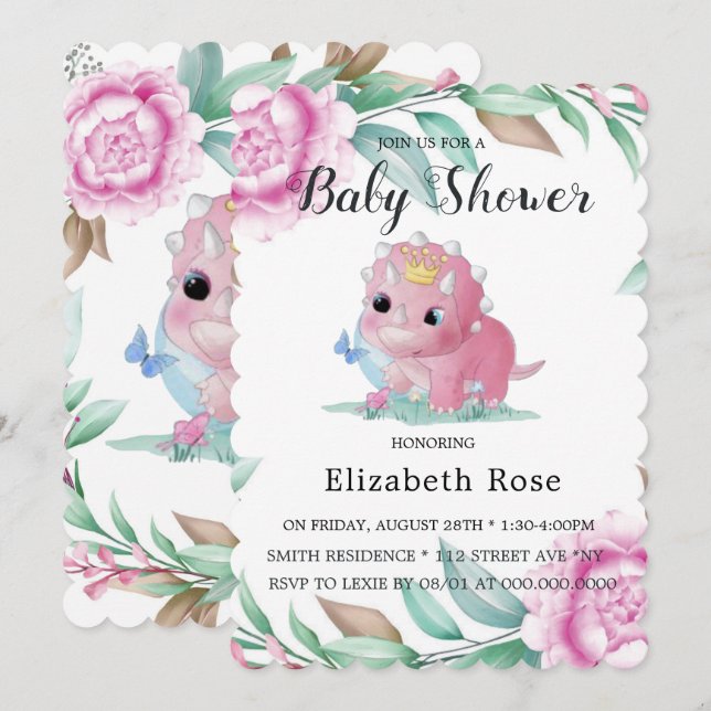 Dinosaure rose mignon et Invitations Baby showers  (Devant / Derrière)