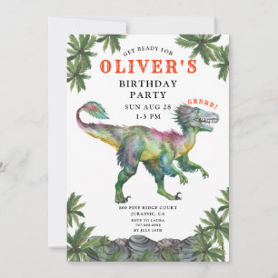 Dinosaure Rouge Vert Noir Invitation Anniversaire