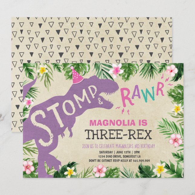 Dinosaure Trois Rex Invitation Anniversaire Dino (Devant / Derrière)