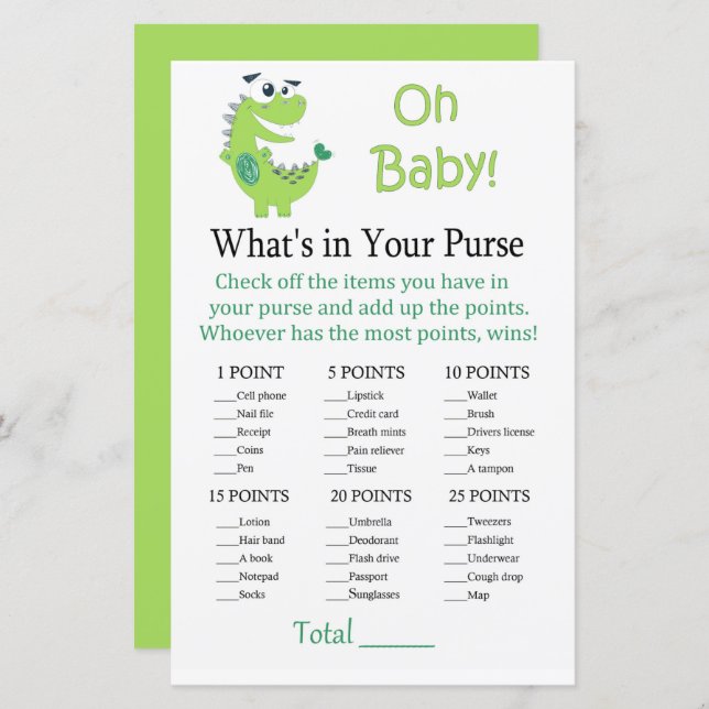 Dinosaure vert Ce qui est dans votre jeu de bourse (Devant / Derrière)