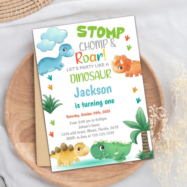 Dinosaure Vert Orange Invitations Anniversaire (Green Gold Glitter Dinosaur Birthday Invitations)