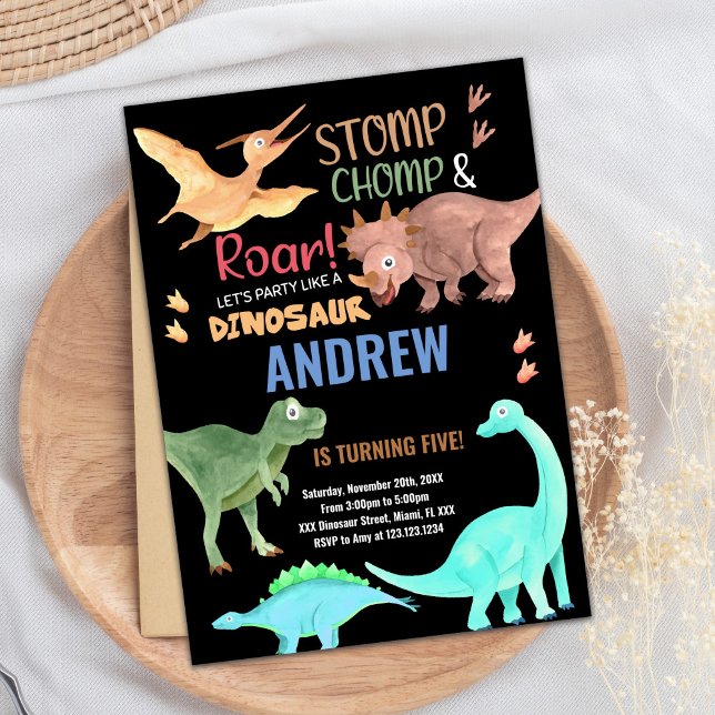 Dinosaure vert orange noir Invitations d'anniversa (Black Orange Green Dinosaur Birthday Invitations)