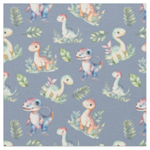 Dinosaures aquarelle sur tissu gris-bleu