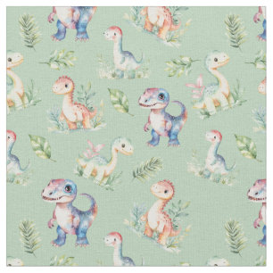 Dinosaures aquarelle sur tissu vert Sage