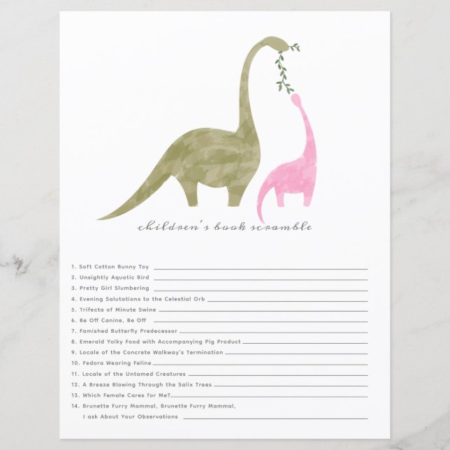 Dinosaures Baby shower rose Livre Scramble Jeu (Devant)