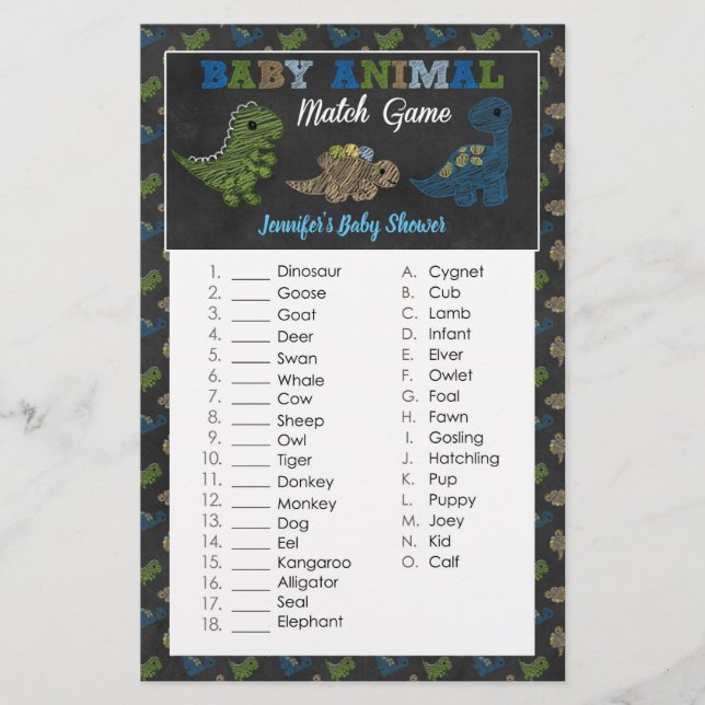 Dinosaures Chalkboard Baby shower animal match jeu (Devant)