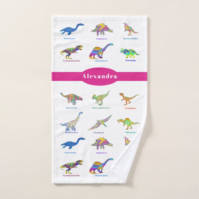 Dinosaures colorés avec des noms rose (Serviette à main)