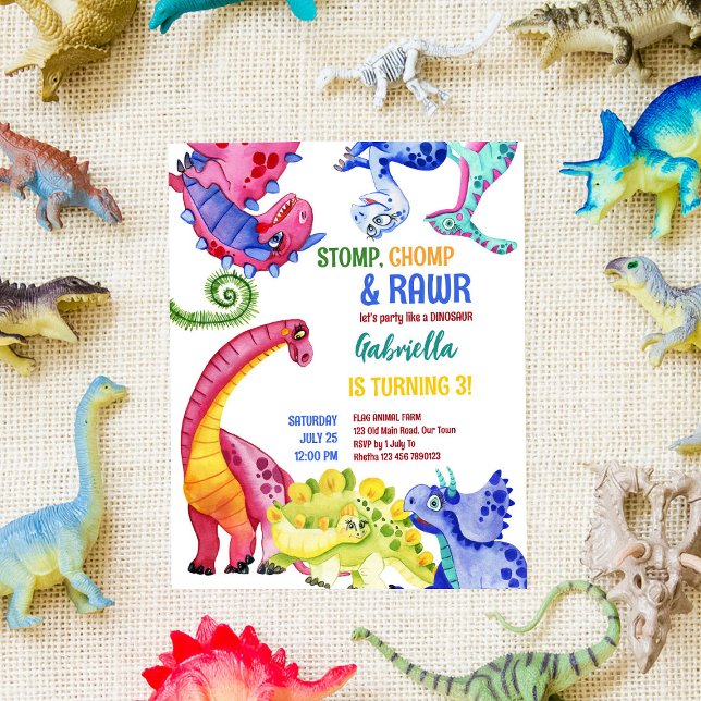Dinosaures colorés Invitation budgétaire anniversa (Créateur téléchargé)