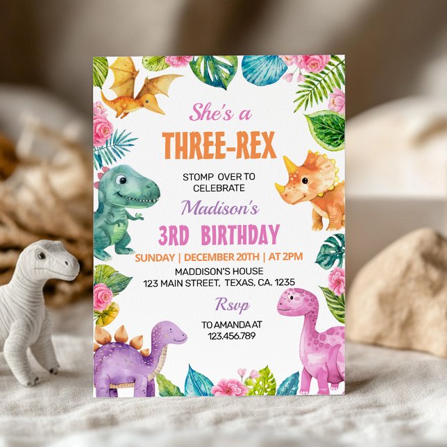 Dinosaures Fille Trois Rex Invitation fête d'anniv (Créateur téléchargé)