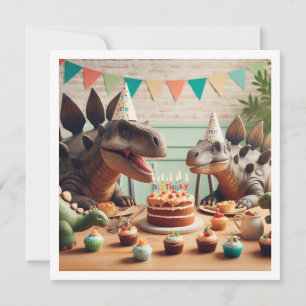 Dinosaures manger gâteau invitation anniversaire