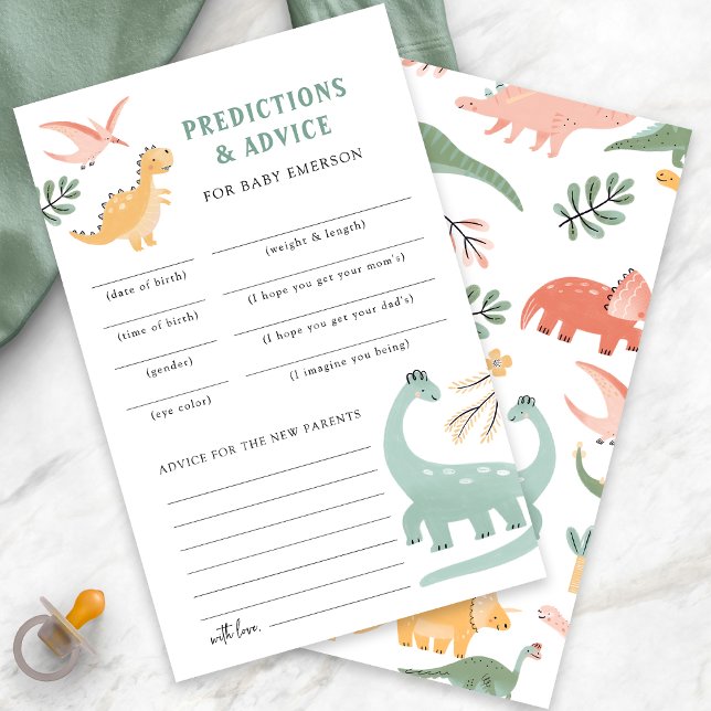 Dinosaures Prédictions et conseils (Dinosaur Theme Baby Shower Predictions and Advice Card by Painted Paperie
)