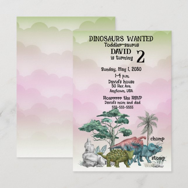 Dinosaures Recherché Toddler 2e. Invitation d'anni (Devant / Derrière)