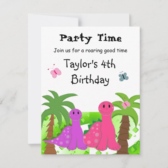 Dinosaures rose et violet Invitation d'anniversair (Devant)