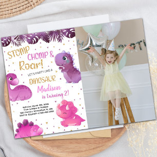Dinosaures rose et violet Invitations d'anniversai