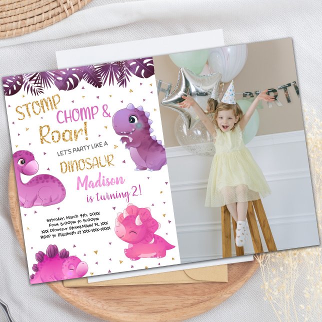 Dinosaures rose et violet Invitations d'anniversai (Pink Purple Dinosaur Birthday Invitations w photo)