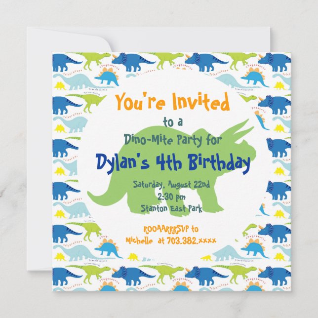 Dinosaures vert et bleu Invitations de fête d'anni (Devant)