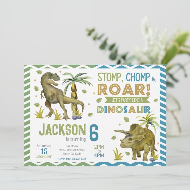 Dinosaurs Birthday Invitation | T-rex | Triceratop (Debout devant)