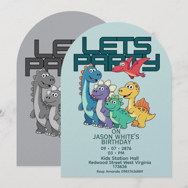 Dinosaurs Themed Boy Birthday Invitation  (Devant / Derrière)