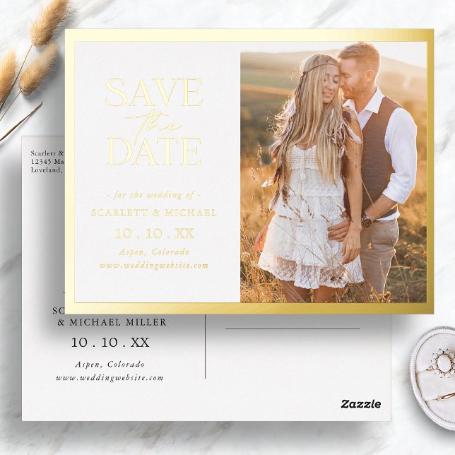 D'invitation À Feuilles D'aluminium Simple Enregistrer La Carte Postale Date Foil Invi (Simple Gold Border Save The Date Foil Invitation Postcard by Painted Paperie
)