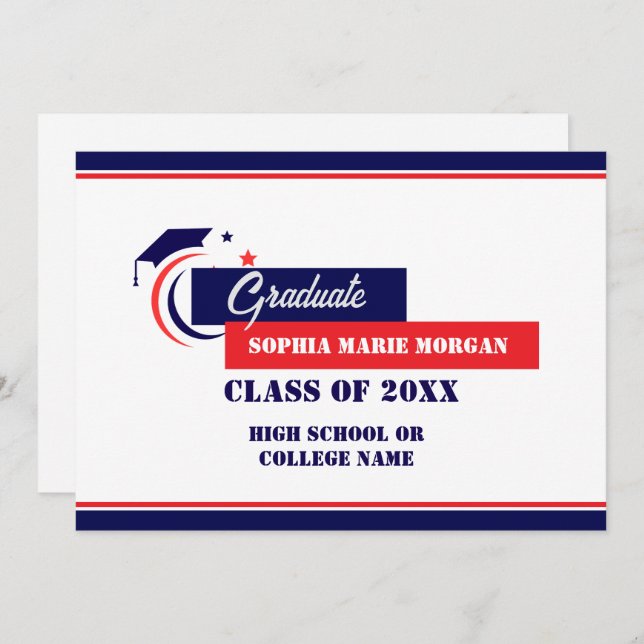 Diplômé Bleu Rouge Blanc Faire-part (Devant / Derrière)