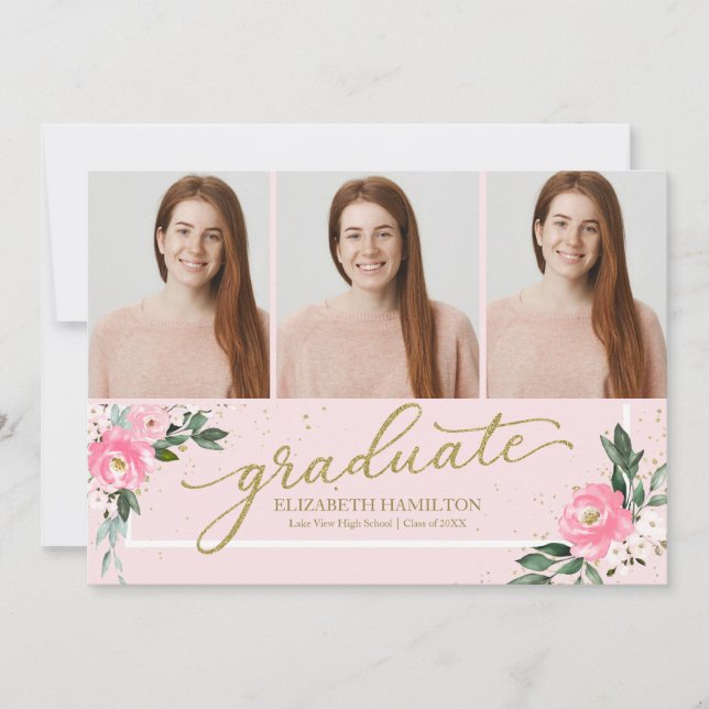 Diplômé Blush Floral Grad Faire-part 3 Photo (Devant)