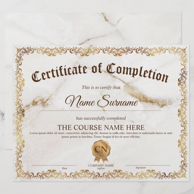 Diplôme Certificat d'achèvement Cours d'attributio (Devant / Derrière)