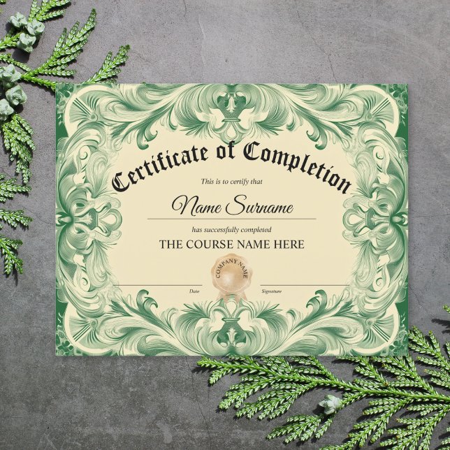Diplôme Certificat d'achèvement Cours d'attributio (certificate of completion with green ornate border)