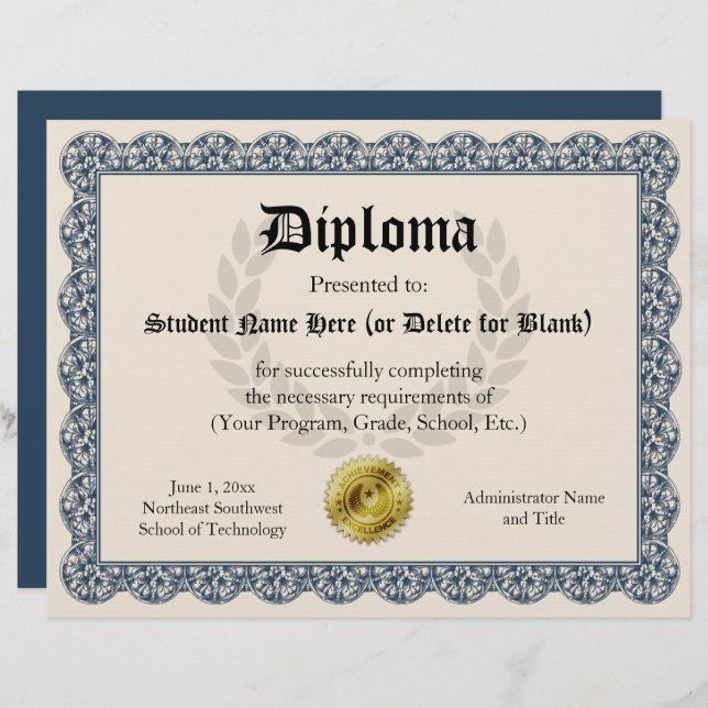 Diplôme Certificat de Graduation Blue 8.5x11 (Devant / Derrière)