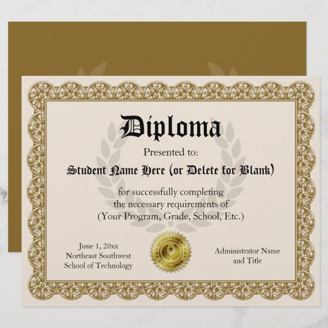 Diplôme Certificat d'or 8.5x11 (Devant / Derrière)