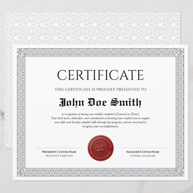 Diplôme Classique Élégant Certificat avec sceau de (Devant / Derrière)