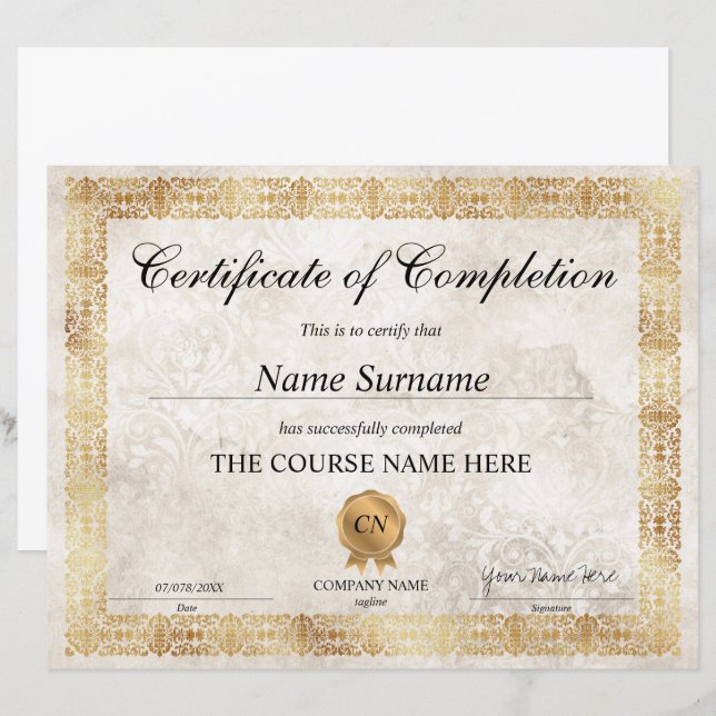 Diplôme d'attribution de certificat d'achèvement c (Devant / Derrière)