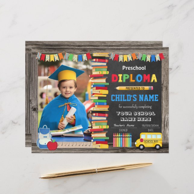 Diplôme d'études préscolaires avec photo (Devant/Arrière en situation)